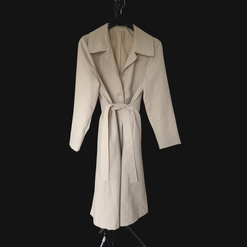 60's Sears‎ Beige Trench Coat Belted Mid Length Button Front Tan Jacket Womens